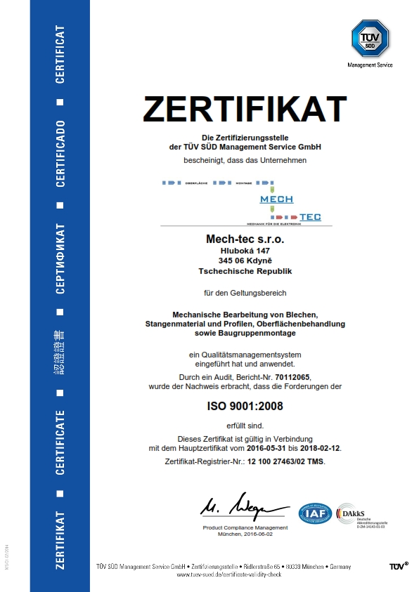 ISO:9001-Zertifikat Mech-tec s.r.0.